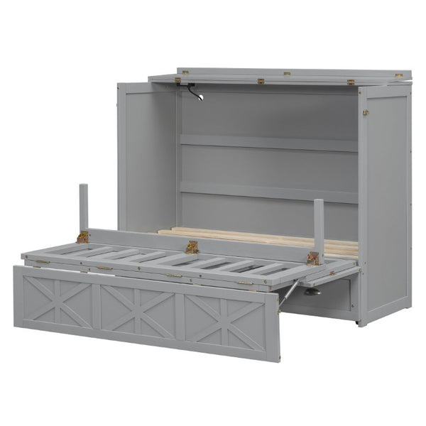 English Elm Full Size Murphy Bed Cabinet with Storage Drawers USB Ports and Panel Front Design Gray N708S00001E-1