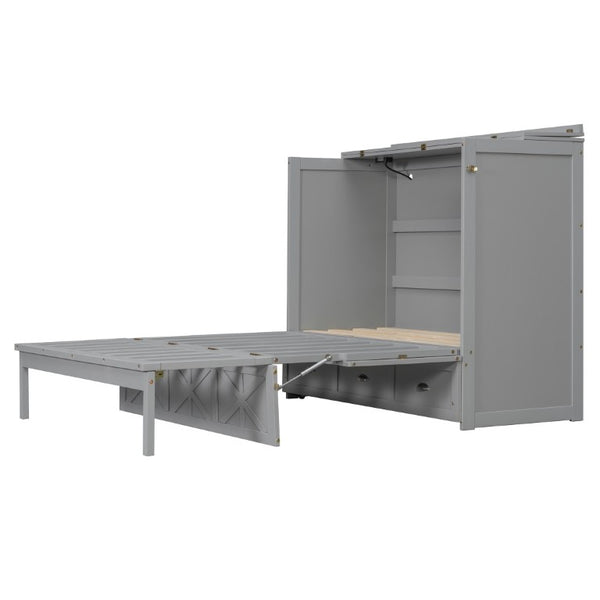 English Elm Full Size Murphy Bed Cabinet with Storage Drawers USB Ports and Panel Front Design Gray N708S00001E-1