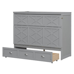 English Elm Full Size Murphy Bed Cabinet with Storage Drawers USB Ports and Panel Front Design Gray N708S00001E-1