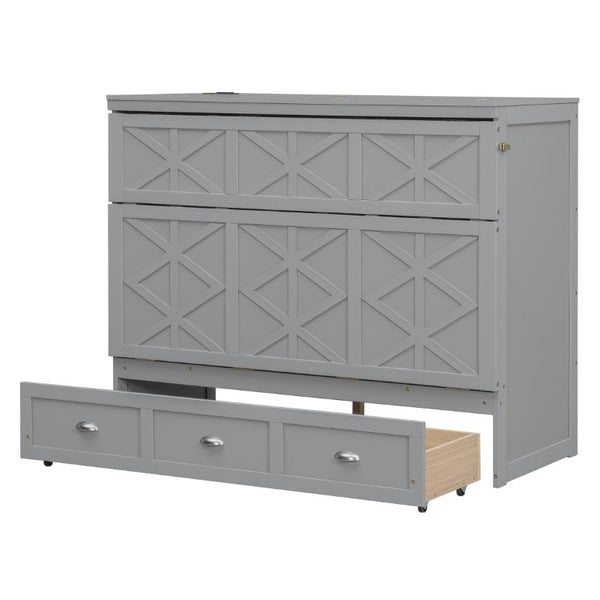 English Elm Full Size Murphy Bed Cabinet with Storage Drawers USB Ports and Panel Front Design Gray N708S00001E-1
