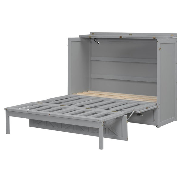 English Elm Full Size Murphy Bed Cabinet with Storage Drawers USB Ports and Panel Front Design Gray N708S00001E-1
