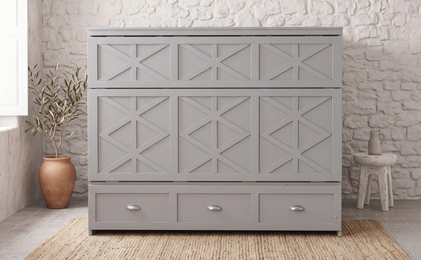 English Elm Full Size Murphy Bed Cabinet with Storage Drawers USB Ports and Panel Front Design Gray N708S00001E-1