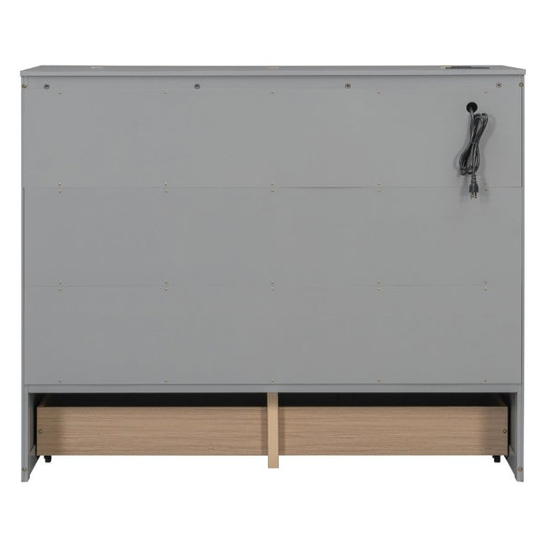 English Elm Full Size Murphy Bed Cabinet with Storage Drawers USB Ports and Panel Front Design Gray N708S00001E-1