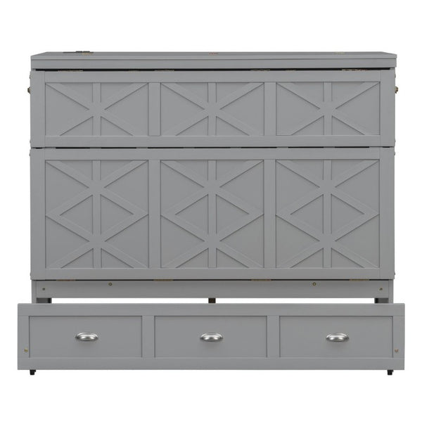 English Elm Full Size Murphy Bed Cabinet with Storage Drawers USB Ports and Panel Front Design Gray N708S00001E-1