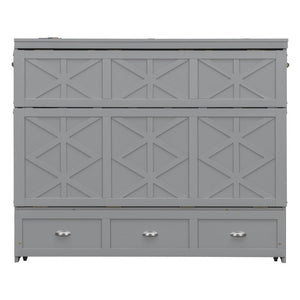English Elm Full Size Murphy Bed Cabinet with Storage Drawers USB Ports and Panel Front Design Gray N708S00001E-1