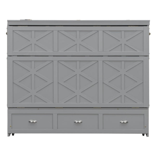 English Elm Full Size Murphy Bed Cabinet with Storage Drawers USB Ports and Panel Front Design Gray N708S00001E-1