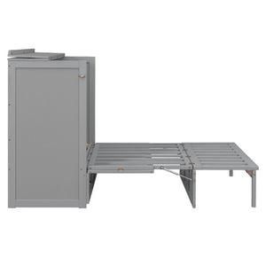 English Elm Full Size Murphy Bed Cabinet with Storage Drawers USB Ports and Panel Front Design Gray N708S00001E-1