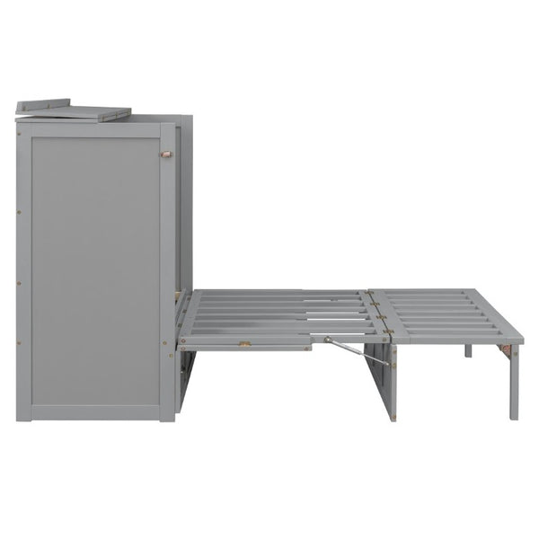 English Elm Full Size Murphy Bed Cabinet with Storage Drawers USB Ports and Panel Front Design Gray N708S00001E-1