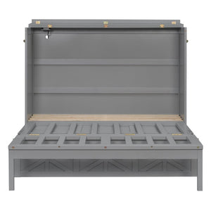 English Elm Full Size Murphy Bed Cabinet with Storage Drawers USB Ports and Panel Front Design Gray N708S00001E-1