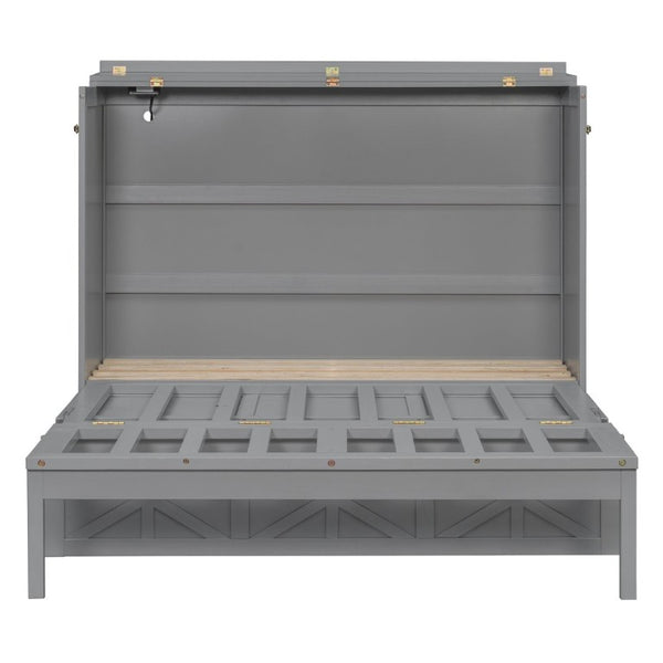 English Elm Full Size Murphy Bed Cabinet with Storage Drawers USB Ports and Panel Front Design Gray N708S00001E-1