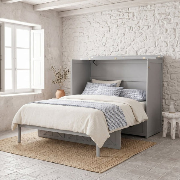 English Elm Full Size Murphy Bed Cabinet with Storage Drawers USB Ports and Panel Front Design Gray N708S00001E-1