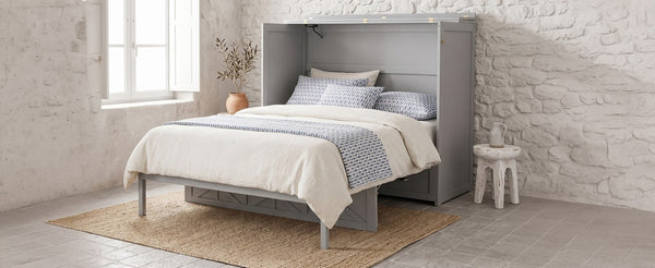 English Elm Full Size Murphy Bed Cabinet with Storage Drawers USB Ports and Panel Front Design Gray N708S00001E-1