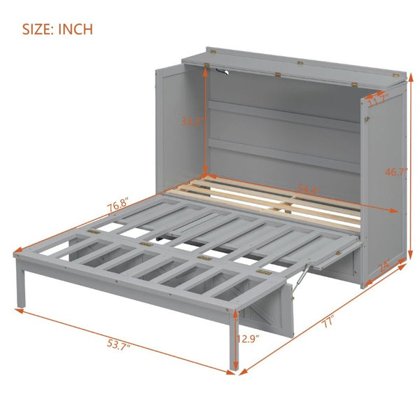 English Elm Full Size Murphy Bed Cabinet with Storage Drawers USB Ports and Panel Front Design Gray N708S00001E-1