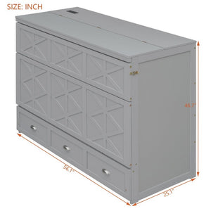 English Elm Full Size Murphy Bed Cabinet with Storage Drawers USB Ports and Panel Front Design Gray N708S00001E-1