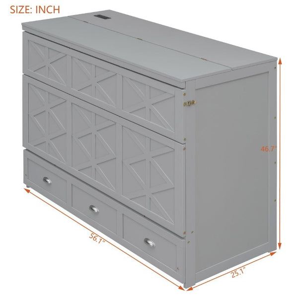 English Elm Full Size Murphy Bed Cabinet with Storage Drawers USB Ports and Panel Front Design Gray N708S00001E-1
