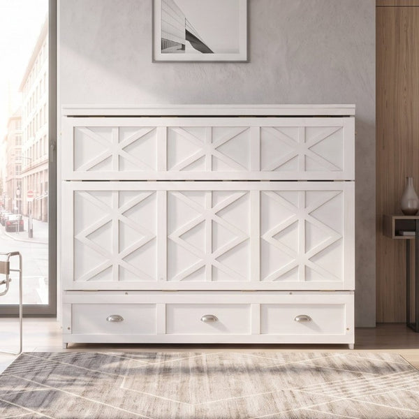 English Elm Full Size Murphy Bed Cabinet with Storage Drawers USB Ports and Panel Front Design White N708S00001K-1