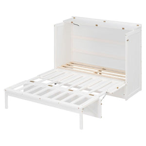 English Elm Full Size Murphy Bed Cabinet with Storage Drawers USB Ports and Panel Front Design White N708S00001K-1