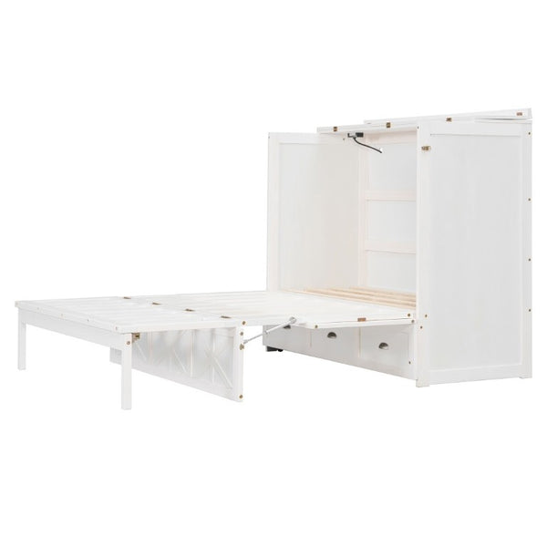 English Elm Full Size Murphy Bed Cabinet with Storage Drawers USB Ports and Panel Front Design White N708S00001K-1