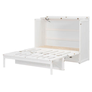 English Elm Full Size Murphy Bed Cabinet with Storage Drawers USB Ports and Panel Front Design White N708S00001K-1