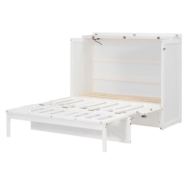 English Elm Full Size Murphy Bed Cabinet with Storage Drawers USB Ports and Panel Front Design White N708S00001K-1