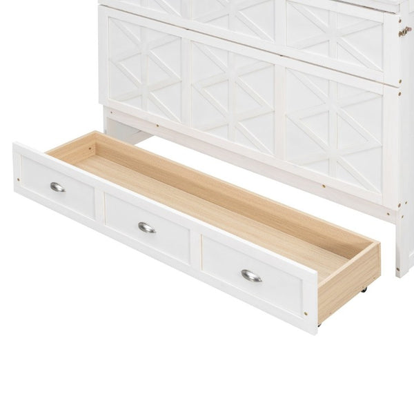 English Elm Full Size Murphy Bed Cabinet with Storage Drawers USB Ports and Panel Front Design White N708S00001K-1