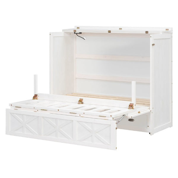 English Elm Full Size Murphy Bed Cabinet with Storage Drawers USB Ports and Panel Front Design White N708S00001K-1