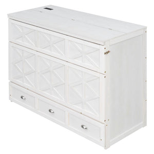 English Elm Full Size Murphy Bed Cabinet with Storage Drawers USB Ports and Panel Front Design White N708S00001K-1