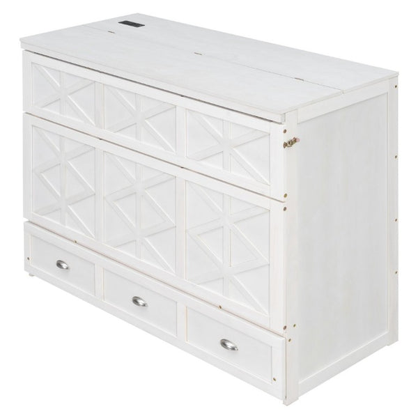 English Elm Full Size Murphy Bed Cabinet with Storage Drawers USB Ports and Panel Front Design White N708S00001K-1