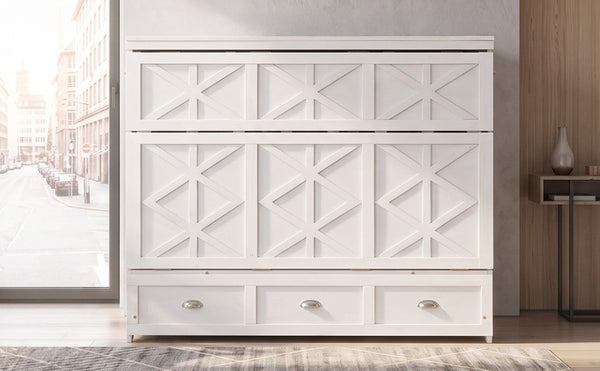 English Elm Full Size Murphy Bed Cabinet with Storage Drawers USB Ports and Panel Front Design White N708S00001K-1