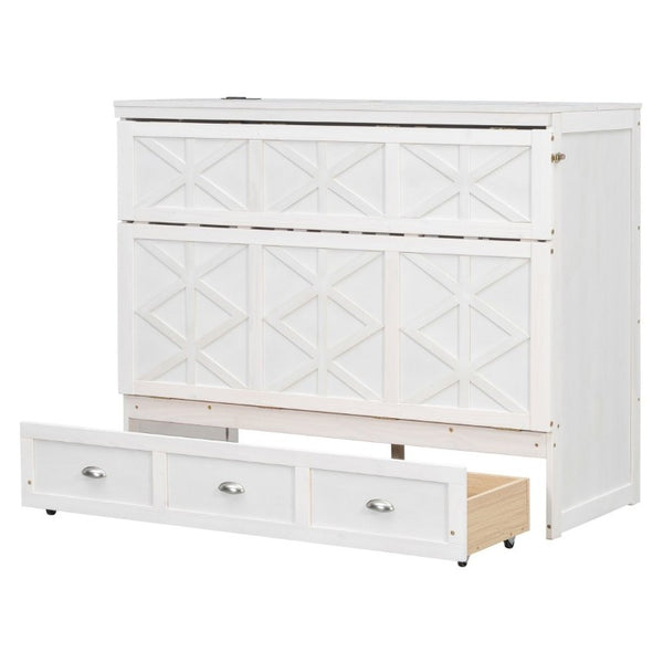 English Elm Full Size Murphy Bed Cabinet with Storage Drawers USB Ports and Panel Front Design White N708S00001K-1