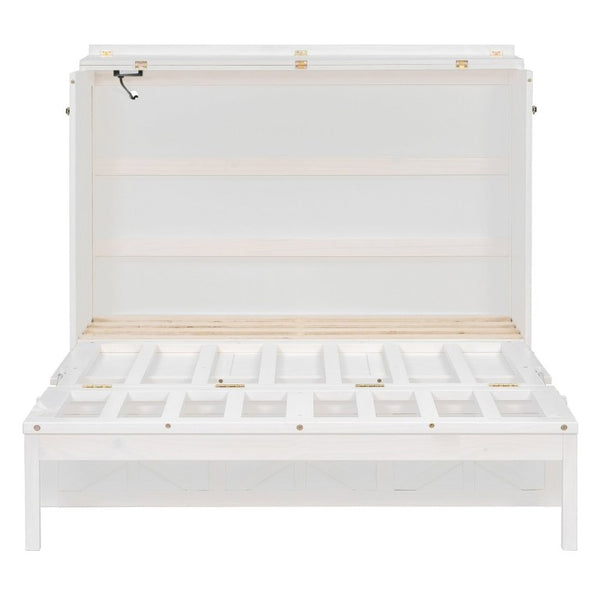 English Elm Full Size Murphy Bed Cabinet with Storage Drawers USB Ports and Panel Front Design White N708S00001K-1