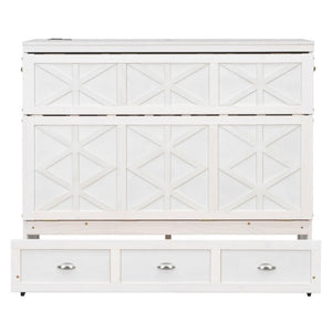 English Elm Full Size Murphy Bed Cabinet with Storage Drawers USB Ports and Panel Front Design White N708S00001K-1