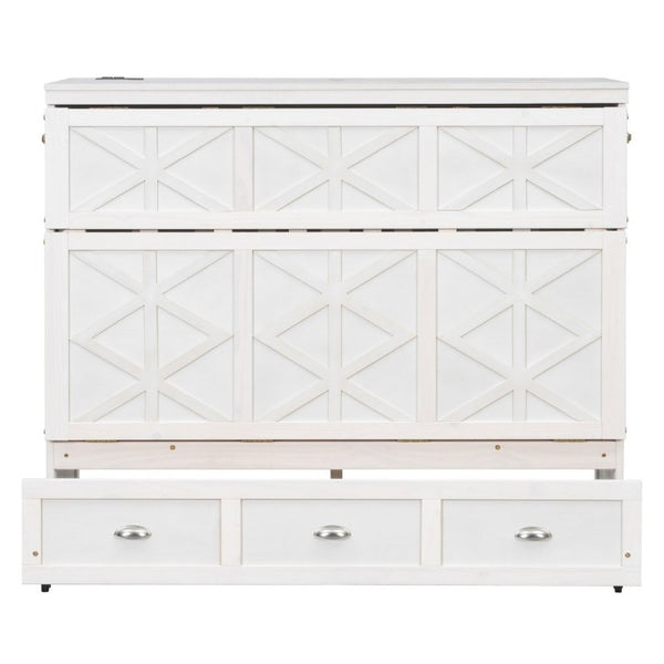 English Elm Full Size Murphy Bed Cabinet with Storage Drawers USB Ports and Panel Front Design White N708S00001K-1