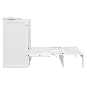 English Elm Full Size Murphy Bed Cabinet with Storage Drawers USB Ports and Panel Front Design White N708S00001K-1