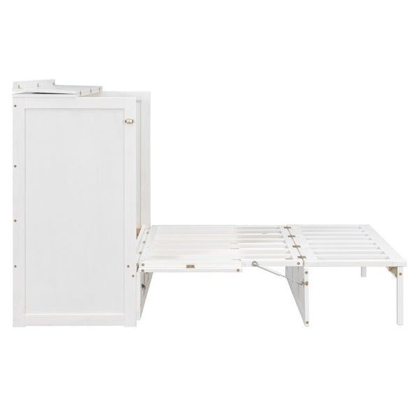 English Elm Full Size Murphy Bed Cabinet with Storage Drawers USB Ports and Panel Front Design White N708S00001K-1