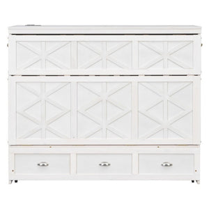 English Elm Full Size Murphy Bed Cabinet with Storage Drawers USB Ports and Panel Front Design White N708S00001K-1