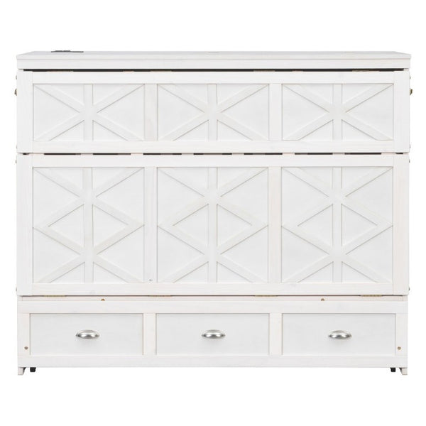 English Elm Full Size Murphy Bed Cabinet with Storage Drawers USB Ports and Panel Front Design White N708S00001K-1
