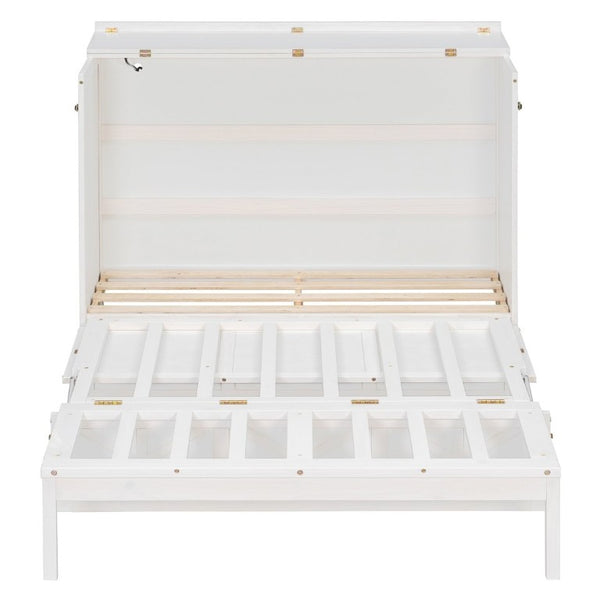 English Elm Full Size Murphy Bed Cabinet with Storage Drawers USB Ports and Panel Front Design White N708S00001K-1