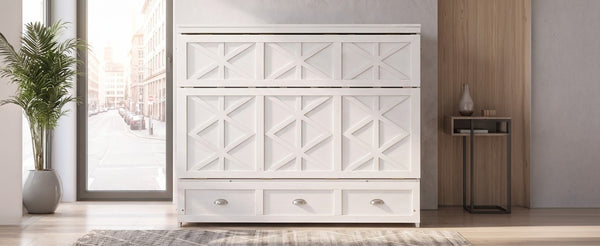 English Elm Full Size Murphy Bed Cabinet with Storage Drawers USB Ports and Panel Front Design White N708S00001K-1