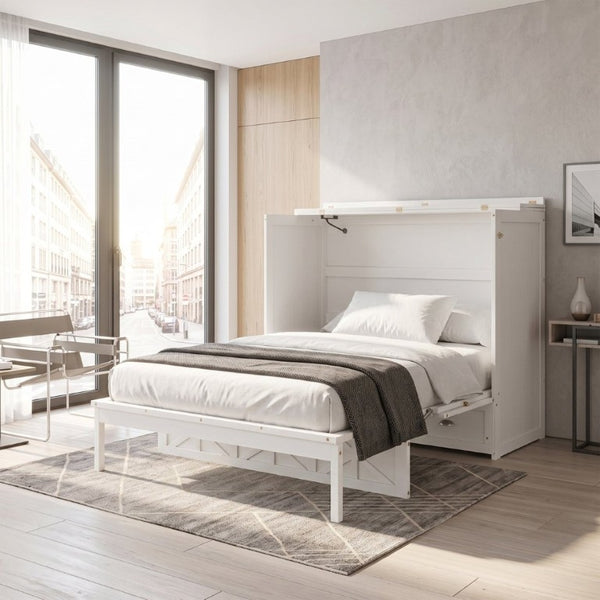 English Elm Full Size Murphy Bed Cabinet with Storage Drawers USB Ports and Panel Front Design White N708S00001K-1