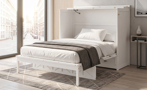 English Elm Full Size Murphy Bed Cabinet with Storage Drawers USB Ports and Panel Front Design White N708S00001K-1