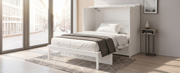 English Elm Full Size Murphy Bed Cabinet with Storage Drawers USB Ports and Panel Front Design White N708S00001K-1