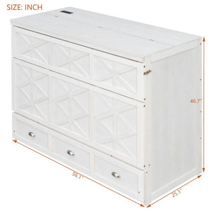 English Elm Full Size Murphy Bed Cabinet with Storage Drawers USB Ports and Panel Front Design White N708S00001K-1