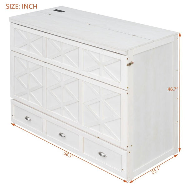 English Elm Full Size Murphy Bed Cabinet with Storage Drawers USB Ports and Panel Front Design White N708S00001K-1