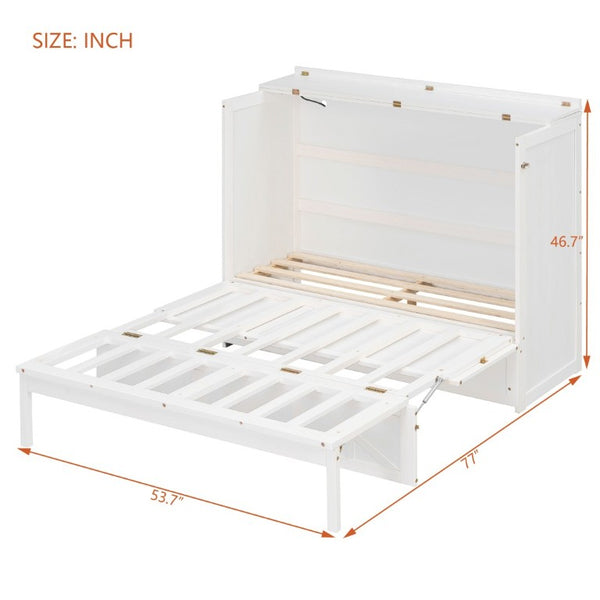 English Elm Full Size Murphy Bed Cabinet with Storage Drawers USB Ports and Panel Front Design White N708S00001K-1
