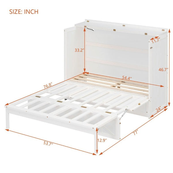 English Elm Full Size Murphy Bed Cabinet with Storage Drawers USB Ports and Panel Front Design White N708S00001K-1