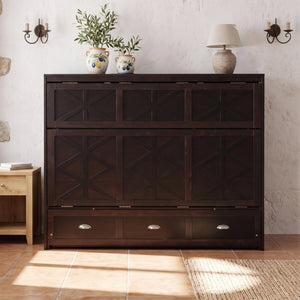 English Elm Full Size Murphy Bed Cabinet with Storage Drawers USB Ports and Panel Front Design Espresso N708S00001P-1