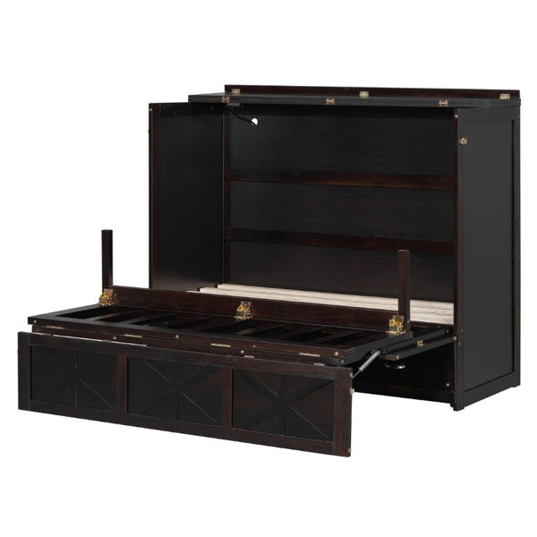 English Elm Full Size Murphy Bed Cabinet with Storage Drawers USB Ports and Panel Front Design Espresso N708S00001P-1