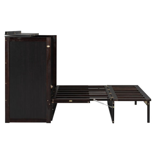 English Elm Full Size Murphy Bed Cabinet with Storage Drawers USB Ports and Panel Front Design Espresso N708S00001P-1