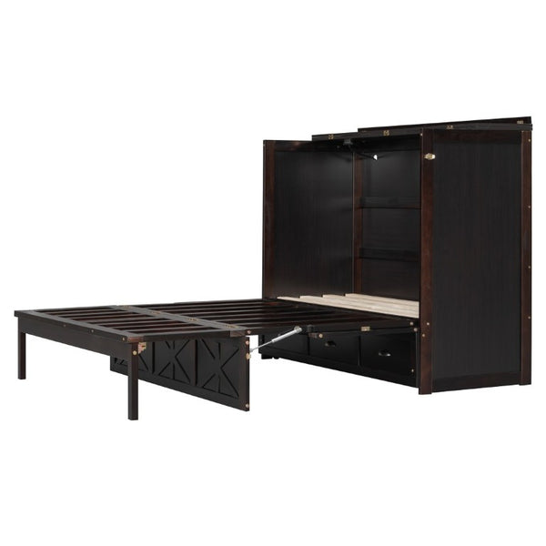 English Elm Full Size Murphy Bed Cabinet with Storage Drawers USB Ports and Panel Front Design Espresso N708S00001P-1